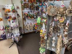 Colorful display of pet toys and accessories in a store, showcasing various items on stands. Ideal for pet owners seeking enrichment options.